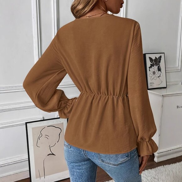2/$50 Brown Tie-Front Blouse V-Neck Peplum Long Sleeve Top Chic Boho Size M - Picture 5 of 7